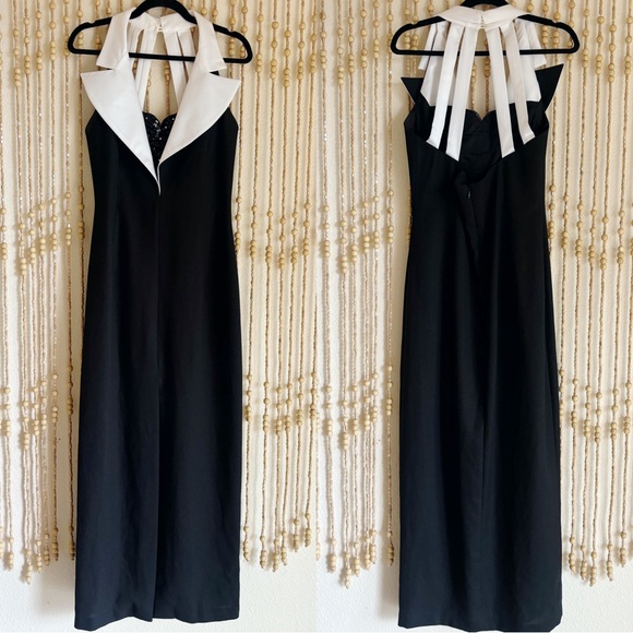Vintage Dresses & Skirts - Vintage 90s Black White Collard Beaded Hollywood Glam Pinup Maxi Formal Dress 12